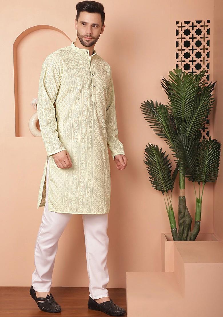 Green Embroidered Poly Blend Kurta Set For Men
