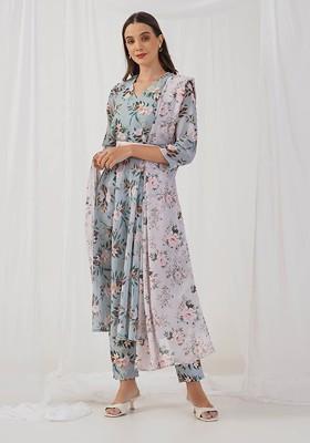 Sea Green Printed Poly Blend Kurta Set For Men