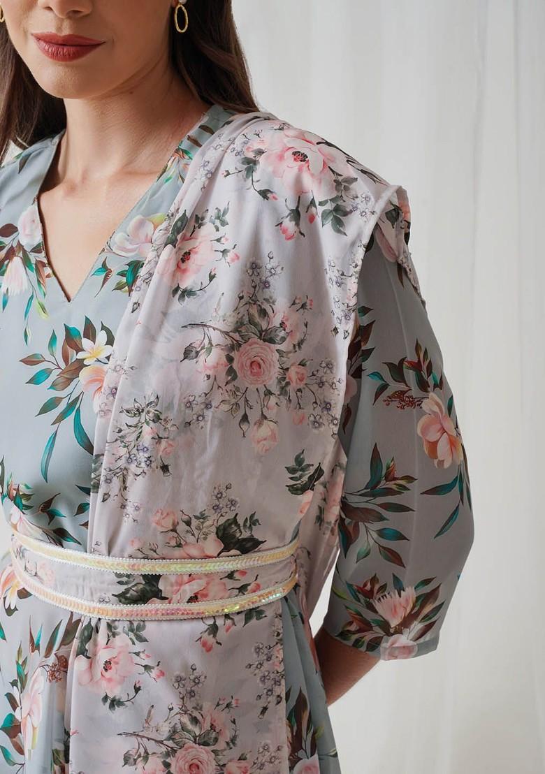 Sea Green Printed Poly Blend Kurta Set For Men