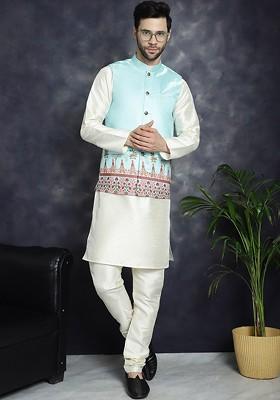 Turquoise Blue Embroidered Poly Blend Kurta Set For Men