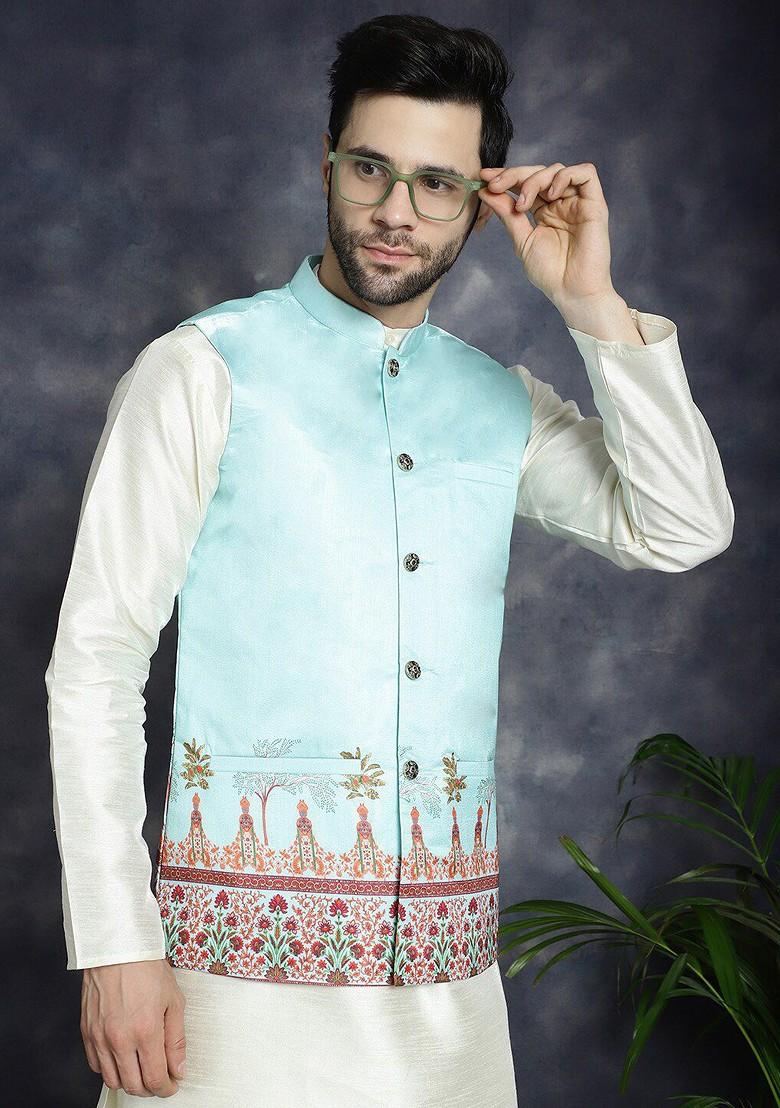 Turquoise Blue Embroidered Poly Blend Kurta Set For Men
