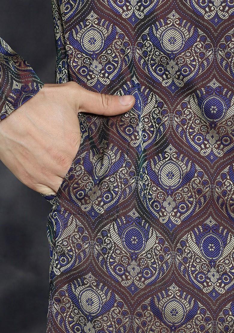 Purple Woven Design Poly Blend Kurta Set For Men