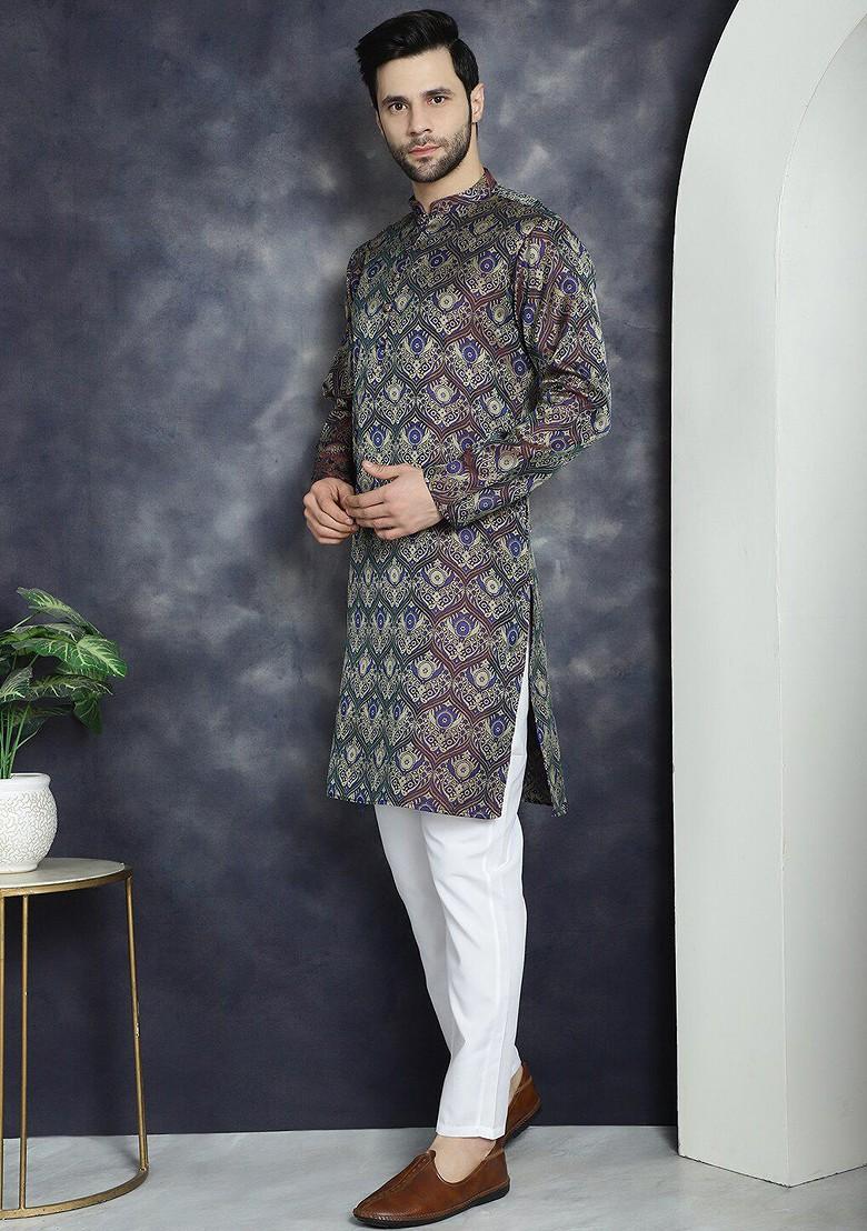 Purple Woven Design Poly Blend Kurta Set For Men