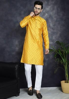 Mustard Yellow Woven Design Poly Blend Kurta Set For Men