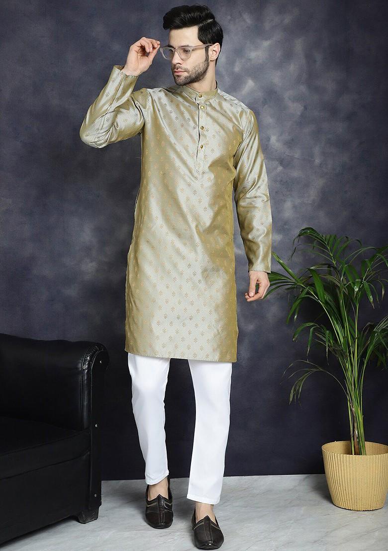 Green Woven Design Poly Blend Kurta Set For Men