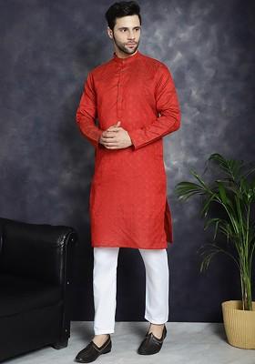 Red Embroidered Poly Blend Kurta Set For Men