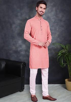 Peach Embroidered Poly Blend Kurta Set For Men