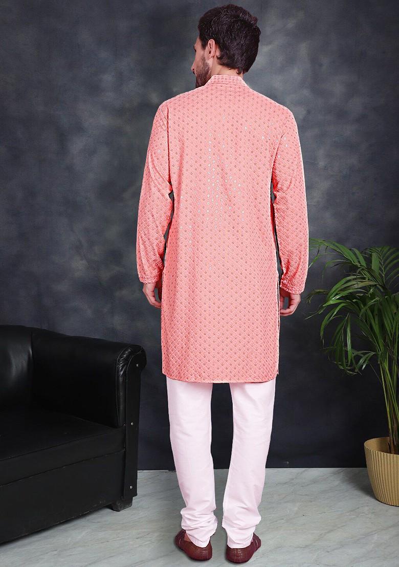 Peach Embroidered Poly Blend Kurta Set For Men