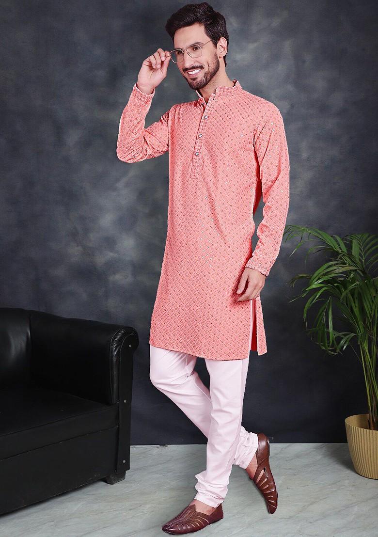 Peach Embroidered Poly Blend Kurta Set For Men