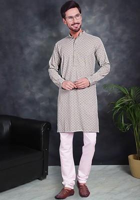 Green Embroidered Poly Blend Kurta Set For Men