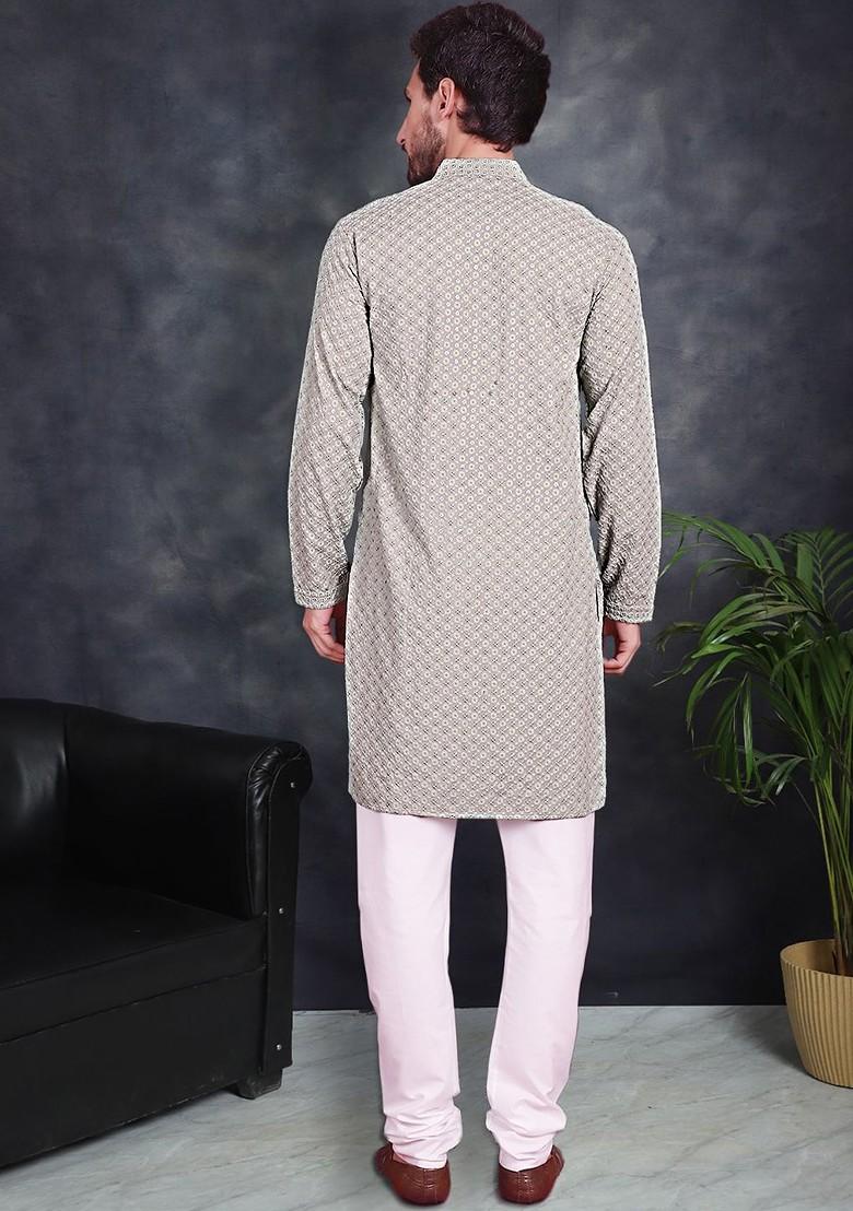 Green Embroidered Poly Blend Kurta Set For Men