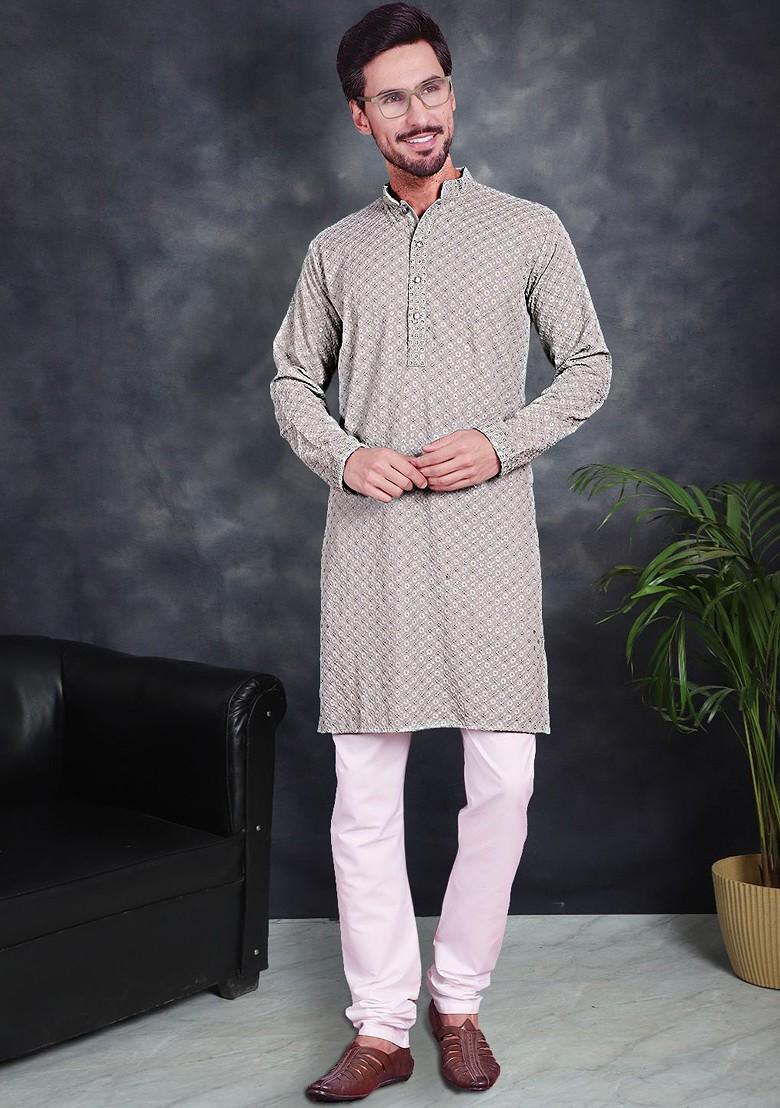 Green Embroidered Poly Blend Kurta Set For Men