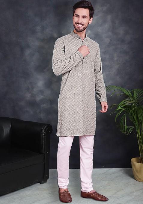 Green Embroidered Poly Blend Kurta Set For Men