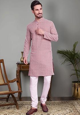 Coral Embroidered Poly Blend Kurta Set For Men