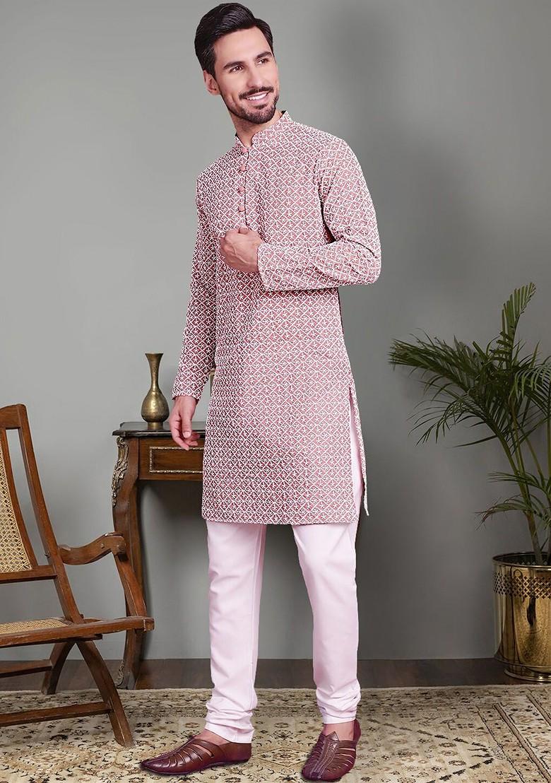 Coral Embroidered Poly Blend Kurta Set For Men