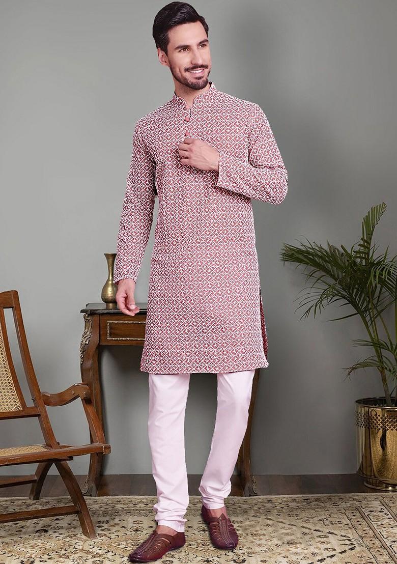 Coral Embroidered Poly Blend Kurta Set For Men
