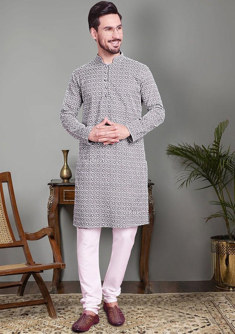 Grey Embroidered Poly Blend Kurta Set For Men