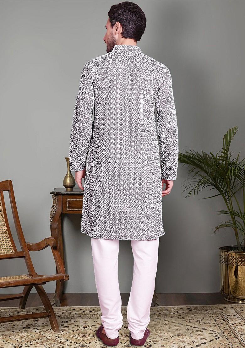 Grey Embroidered Poly Blend Kurta Set For Men
