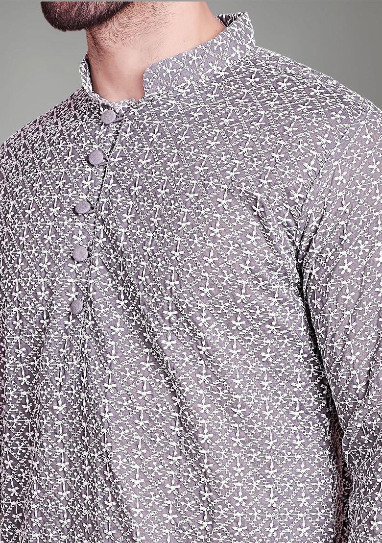 Grey Embroidered Poly Blend Kurta Set For Men