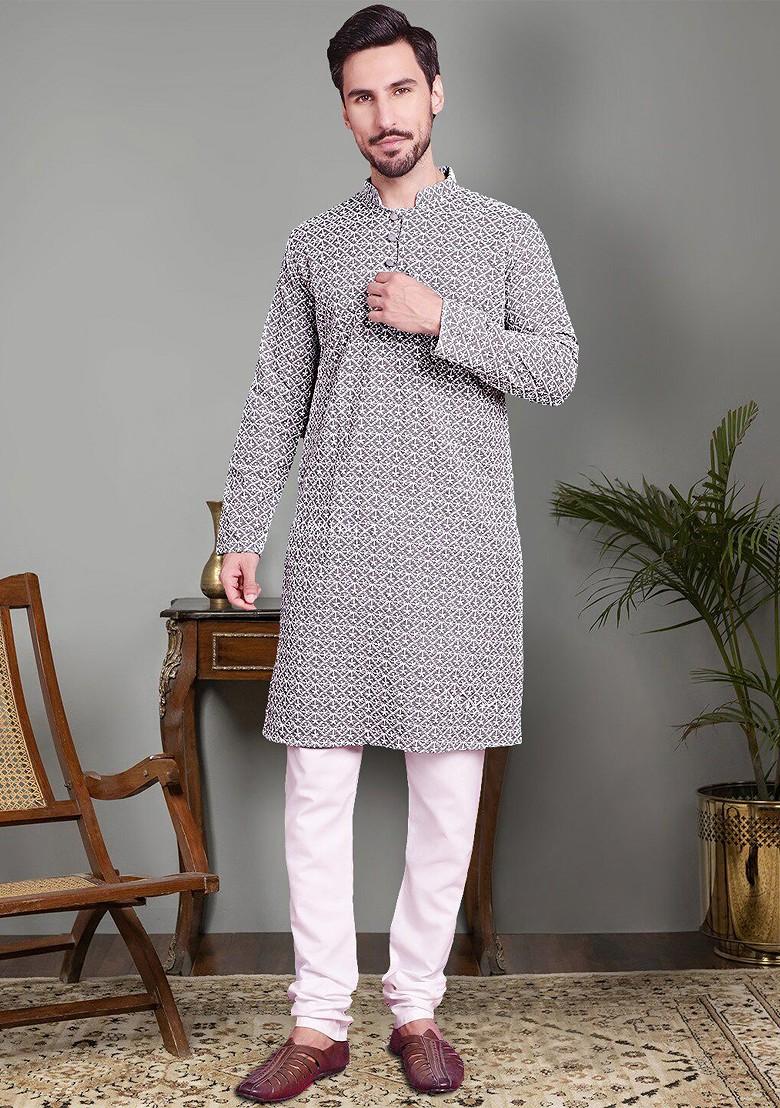 Grey Embroidered Poly Blend Kurta Set For Men