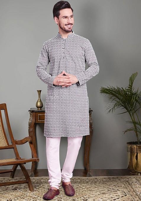 Grey Embroidered Poly Blend Kurta Set For Men