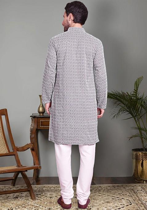 Grey Embroidered Poly Blend Kurta Set For Men