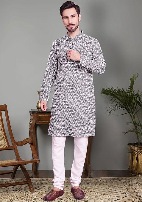 Grey Embroidered Poly Blend Kurta Set For Men