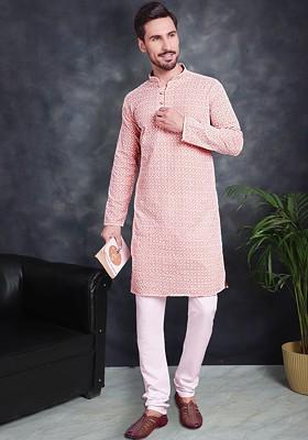 Orange Embroidered Poly Blend Kurta Set For Men