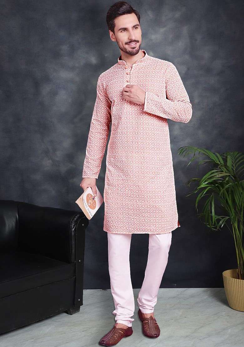 Orange Embroidered Poly Blend Kurta Set For Men - Indya