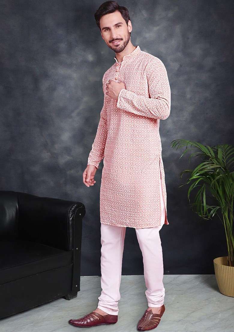 Orange Embroidered Poly Blend Kurta Set For Men - Indya