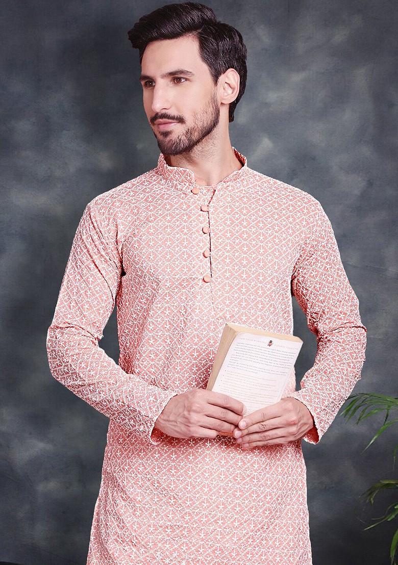 Orange Embroidered Poly Blend Kurta Set For Men