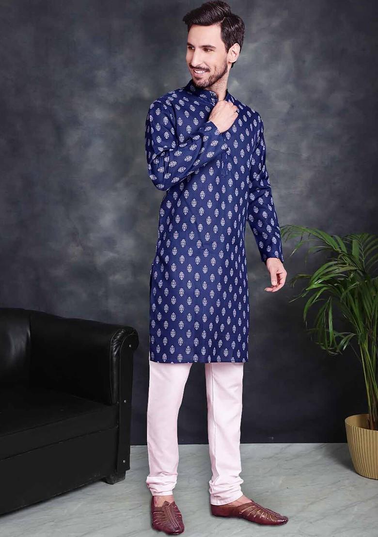 Navy Blue Printed Poly Blend Kurta Set For Men