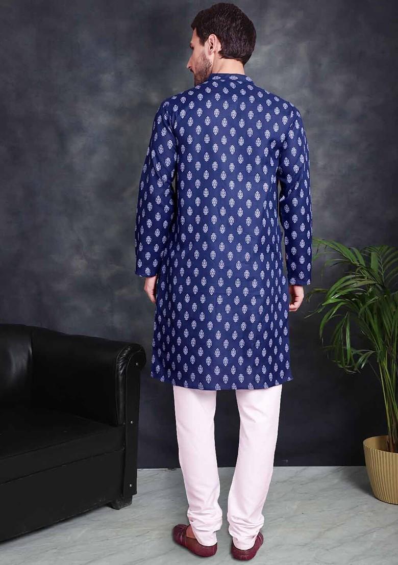 Navy Blue Printed Poly Blend Kurta Set For Men