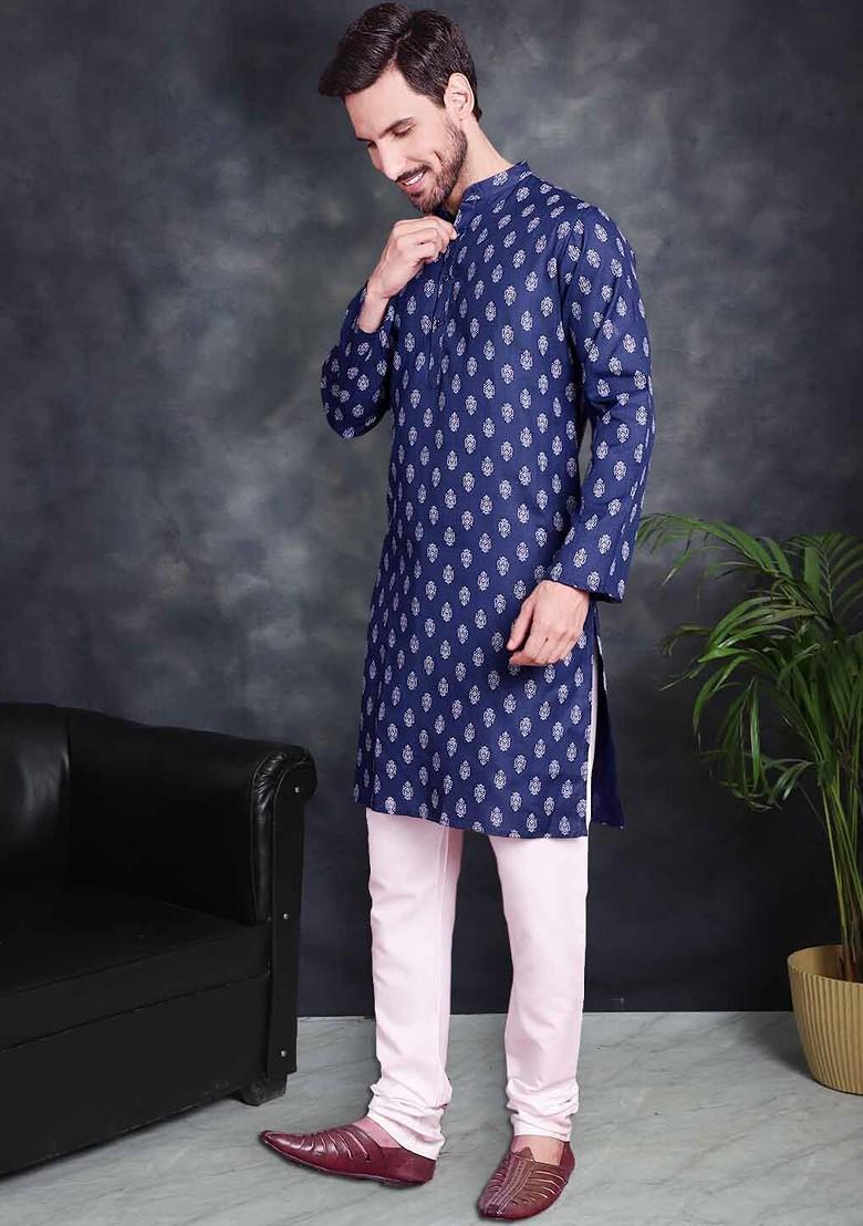 Navy Blue Printed Poly Blend Kurta Set For Men