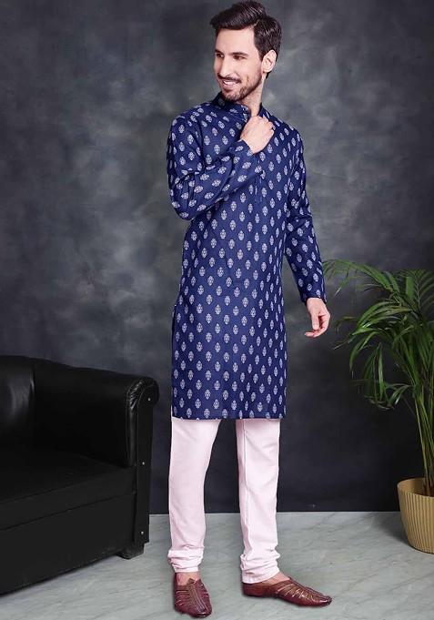Navy Blue Printed Poly Blend Kurta Set For Men