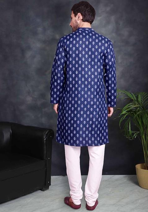 Navy Blue Printed Poly Blend Kurta Set For Men