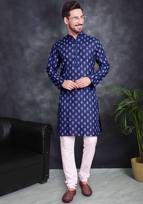 Navy Blue Printed Poly Blend Kurta Set For Men