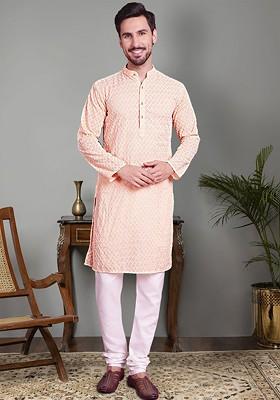 Orange Embroidered Poly Blend Kurta Set For Men
