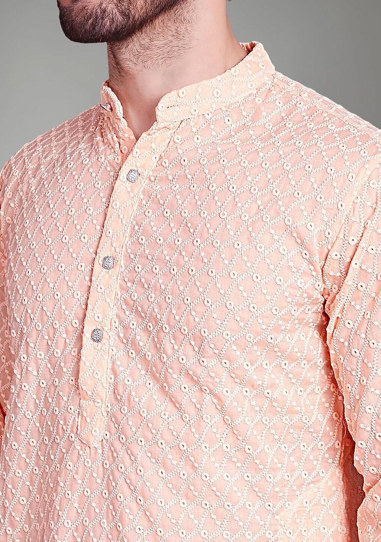 Orange Embroidered Poly Blend Kurta Set For Men