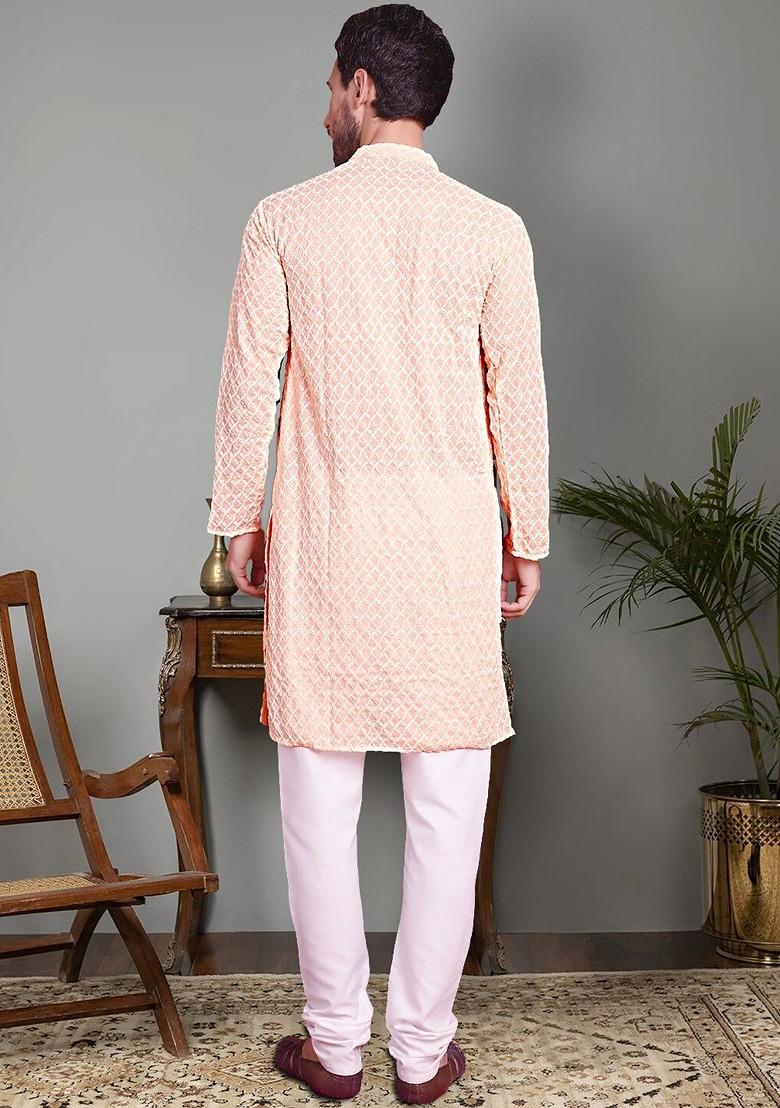 Orange Embroidered Poly Blend Kurta Set For Men