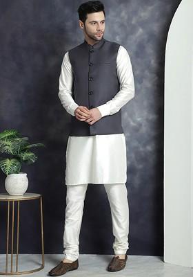 Charcoal Grey Embroidered Poly Blend Kurta Set For Men