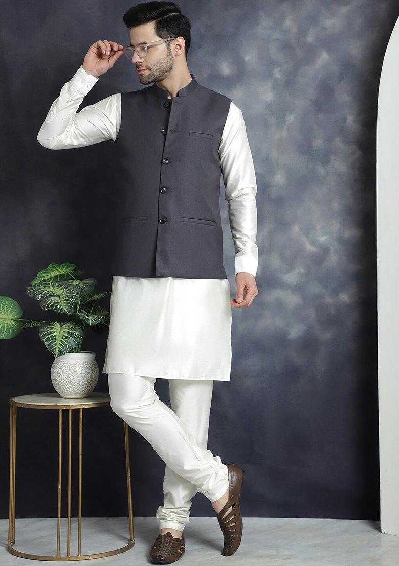 Charcoal Grey Embroidered Poly Blend Kurta Set For Men