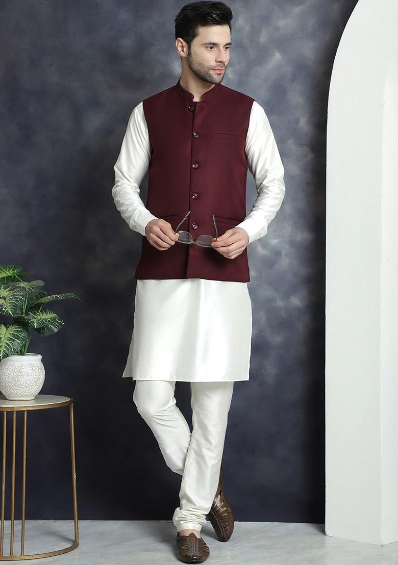 Maroon Embroidered Poly Blend Kurta Set For Men