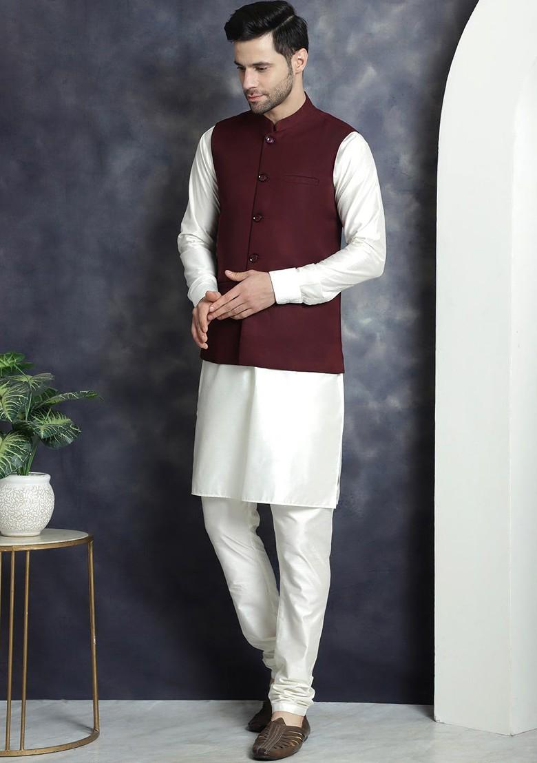 Maroon Embroidered Poly Blend Kurta Set For Men