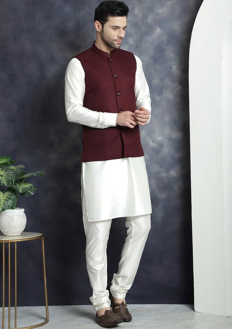 Maroon Embroidered Poly Blend Kurta Set For Men