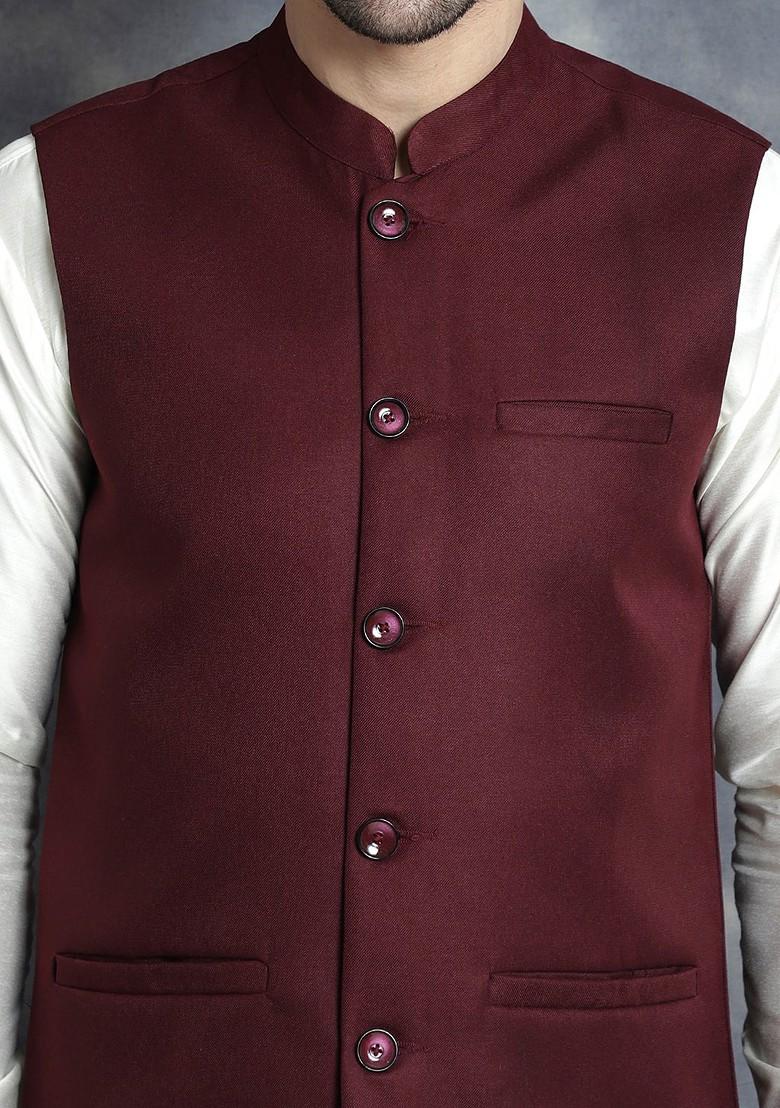 Maroon Embroidered Poly Blend Kurta Set For Men