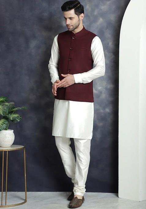 Maroon Embroidered Poly Blend Kurta Set For Men