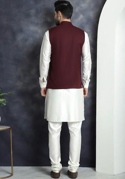 Maroon Embroidered Poly Blend Kurta Set For Men