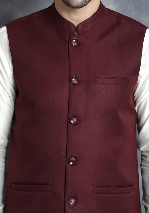 Maroon Embroidered Poly Blend Kurta Set For Men