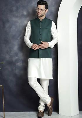 Olive Embroidered Poly Blend Kurta Set For Men